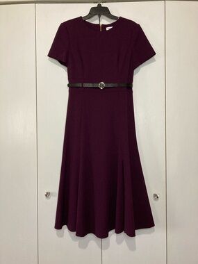 Calvin Klein Size 10 Deep Plum Eggplant Short-Sleeve Fit-and-Flare MIDI Dress